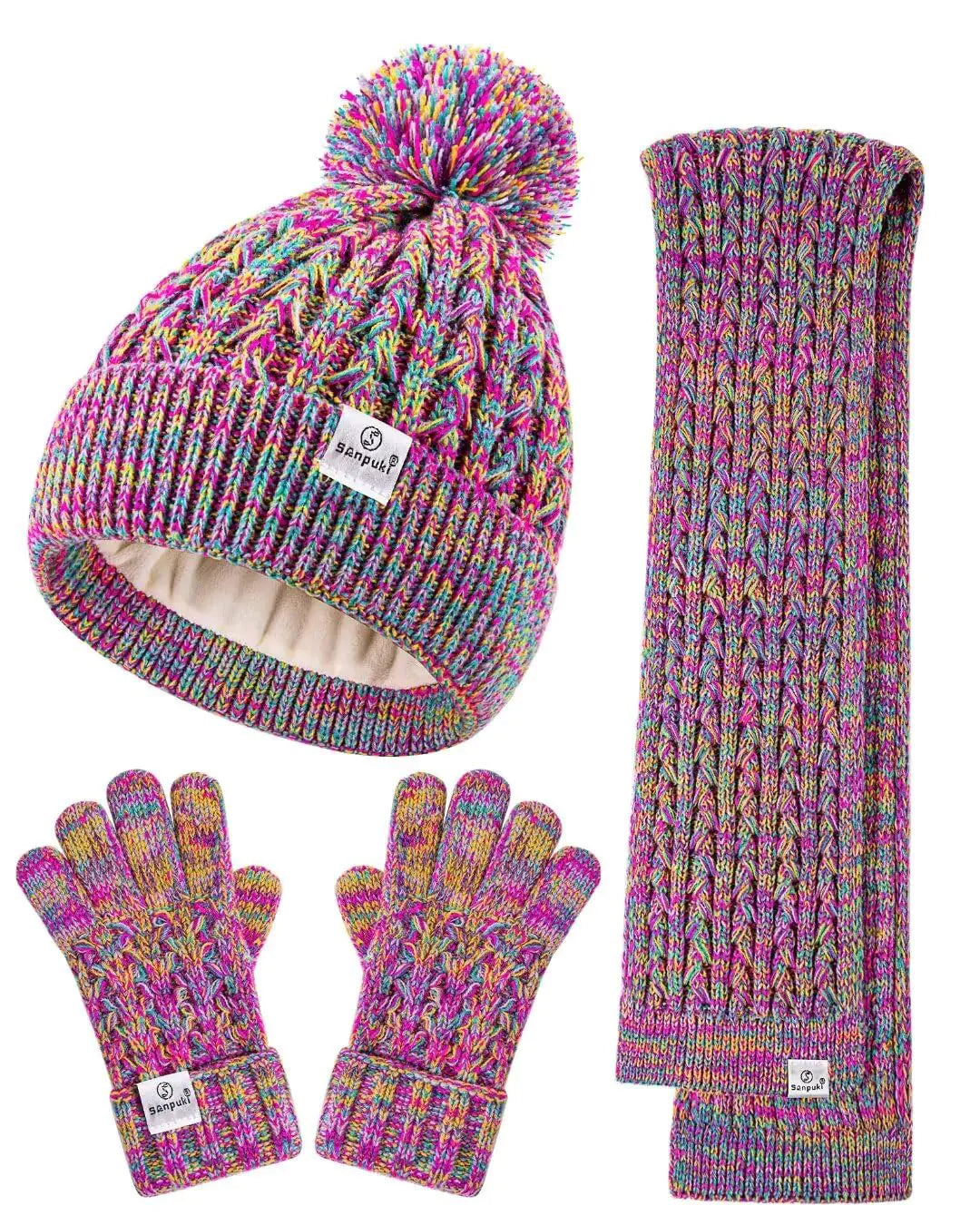 Kids Winter Hat Gloves Scarf SetGirls Toddler Winter Hat Beanies with Pom Neck Warmer Gaiter Mittens Fleece Lined Set Christmas Gift for Kids(Rainbow Mix)