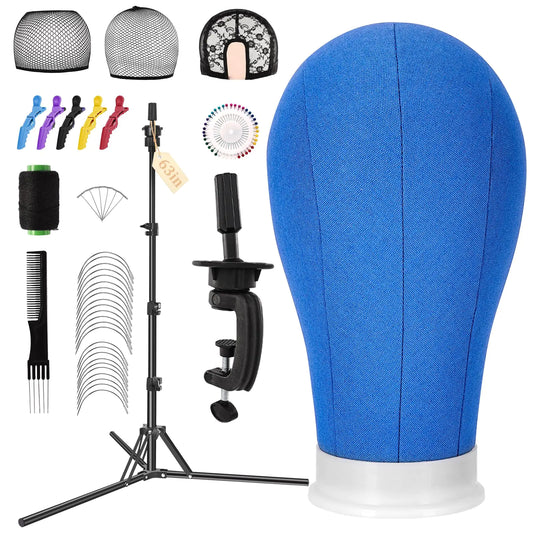 Yofuly 22 Canvas Wig Head Set Upgraded 63 Inch Tall Wig Stand Tripod with Mannequin Head Canvas Block Head Wig Stand Set with Wig Caps Table Clamp Perfect for DIY Wig Making and Styling - Blue
