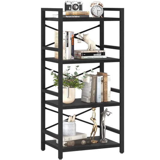4 Tier Bookshelf - Small Book Shelf Industrial Bookcase Narrow Book Case Book Storage Organizer for CD/Movie/Book Bookshelves for Bedroom, Office, Living Room Black