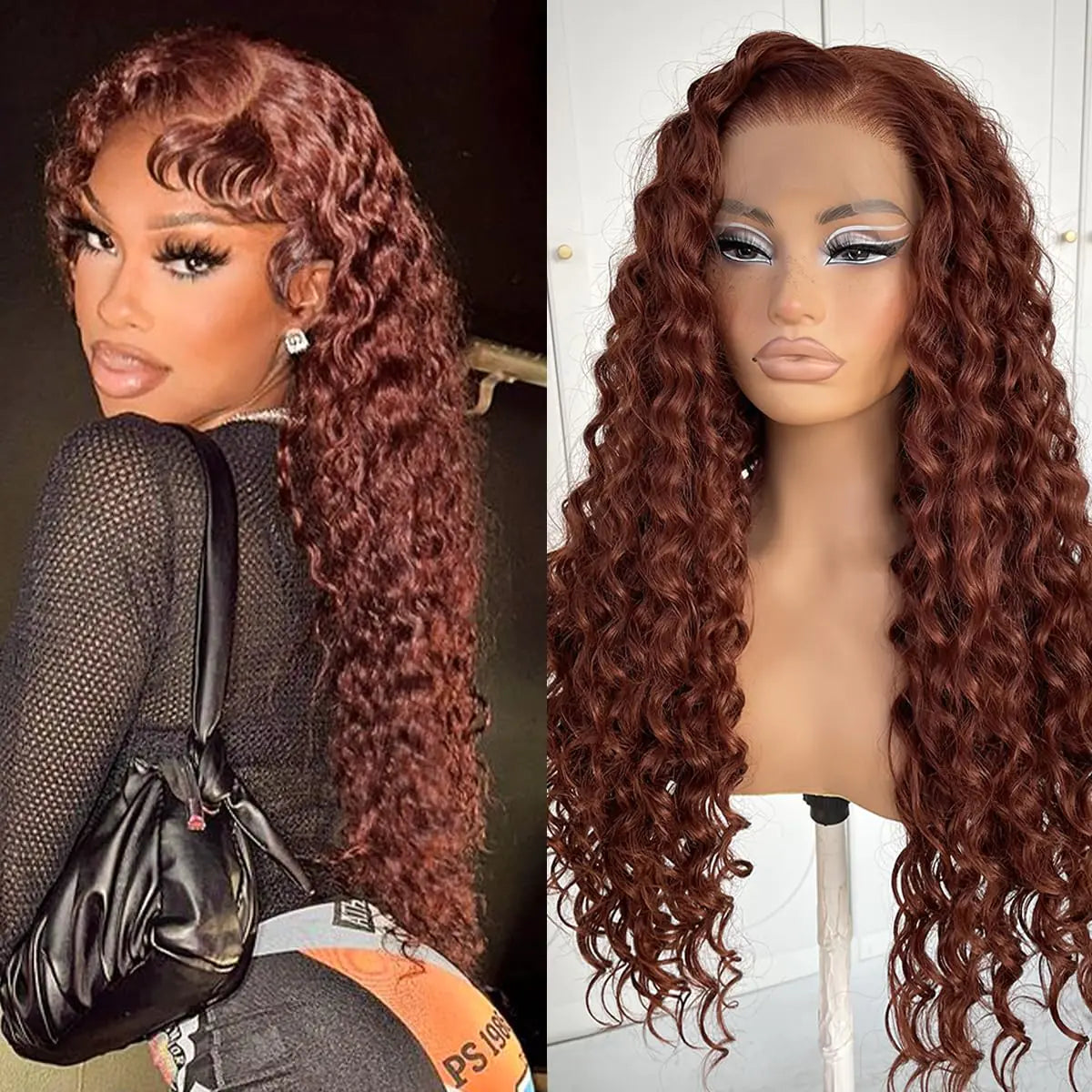 MITIMES 13x6 Reddish Brown Lace Front Wig Glueless Deep Wave Wig Pre-Plucked Red Color Kinky Curly Wig Synthetic Wear And Go Lace Front Wig