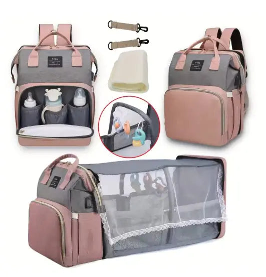 Multifunctional diaper bag with organizer, changing mat, and baby care items on a white background